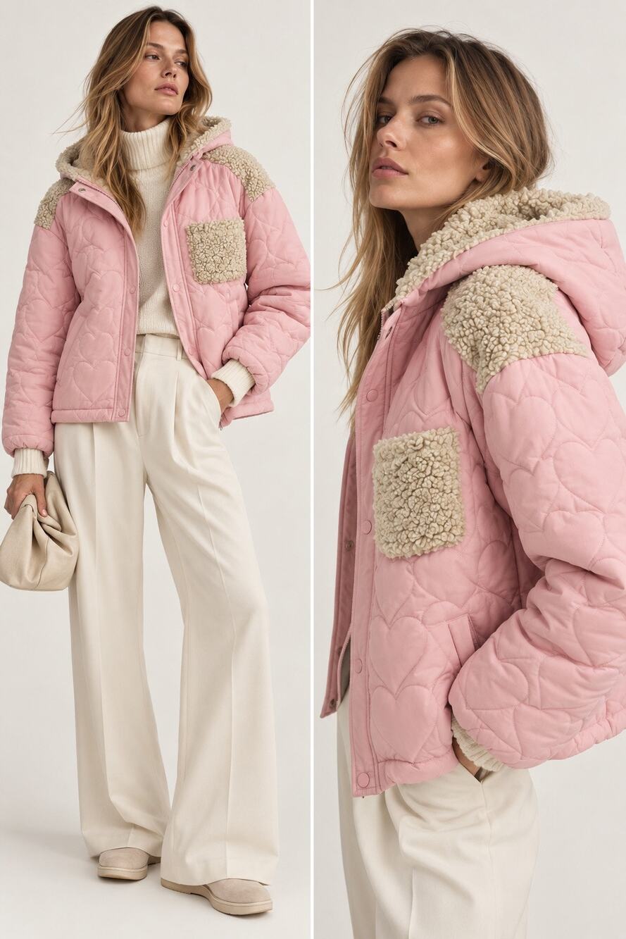 For Love And Lemons Jacket Pink Heart Puffer Coat Hooded Sherpa Trim Zip Up Sz M